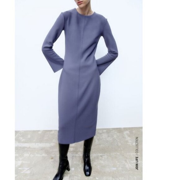 Zara Midi Crepe Long Sleeve Dress in Lilac, NWT, M - Picture 1 of 14